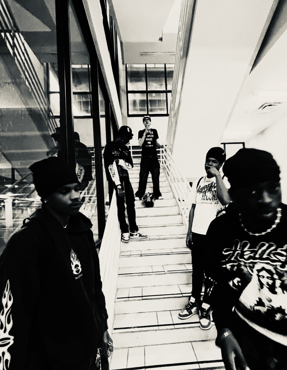 Crew on stairs urban setting